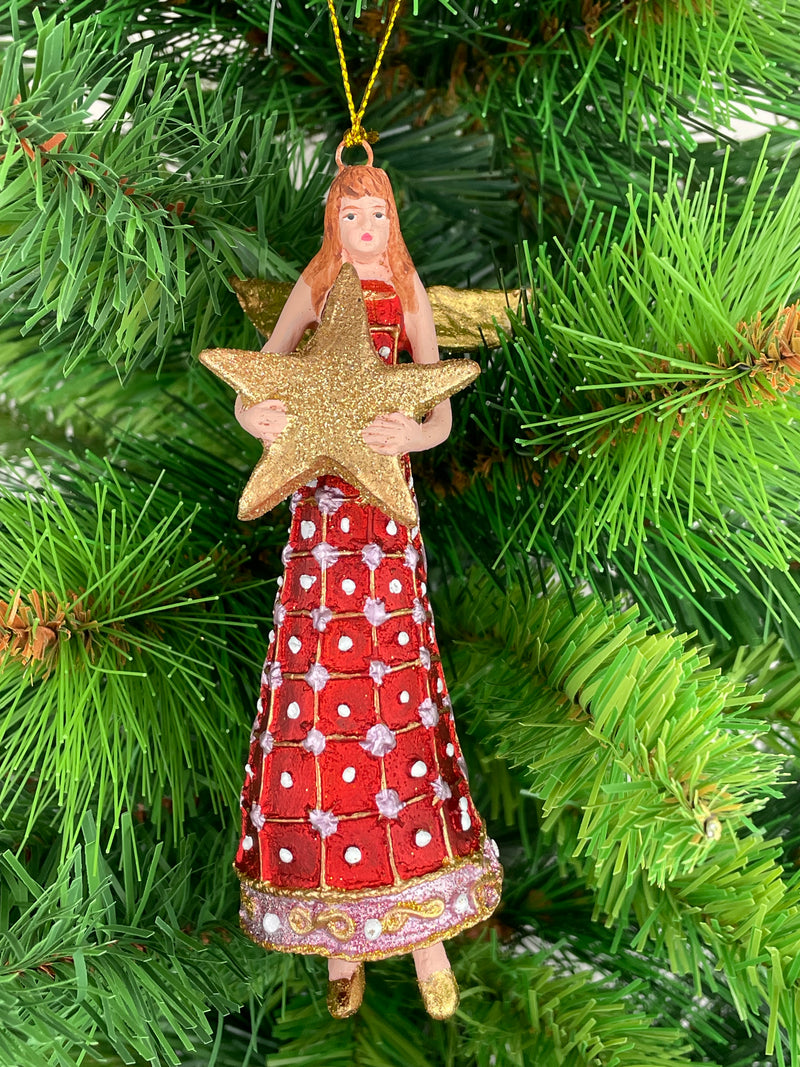 Christbaumschmuck Figur Engel rot-gold mit Stern und langem verzierten Kleid Anhänger Weihnachten Baumschmuck 13cm