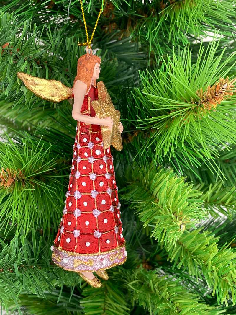 Christbaumschmuck Figur Engel rot-gold mit Stern und langem verzierten Kleid Anhänger Weihnachten Baumschmuck 13cm