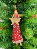 Christbaumschmuck Figur Engel rot-gold mit Stern und langem verzierten Kleid Anhänger Weihnachten Baumschmuck 13cm