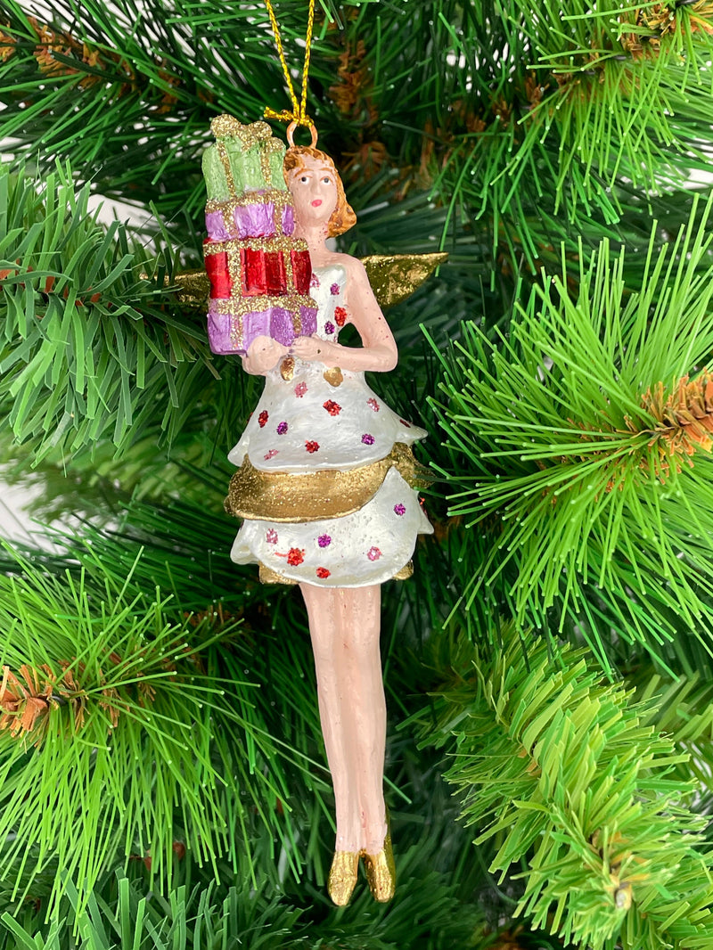 Christbaumschmuck Figur Engel weiß-gold mit Geschenken und kurzem gepunkteten Kleid Hänger Weihnachten Baumschmuck 14cm