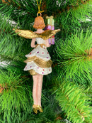 Christbaumschmuck Figur Engel weiß-gold mit Geschenken und kurzem gepunkteten Kleid Hänger Weihnachten Baumschmuck 14cm