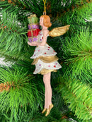 Christbaumschmuck Figur Engel weiß-gold mit Geschenken und kurzem gepunkteten Kleid Hänger Weihnachten Baumschmuck 14cm