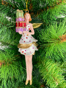 Christbaumschmuck Figur Engel weiß-gold mit Geschenken und kurzem gepunkteten Kleid Hänger Weihnachten Baumschmuck 14cm