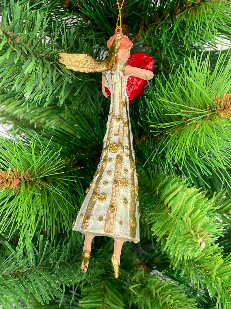 Christbaumschmuck Engel mit rotem Herz in einem creme-goldenen Kleid Baumschmuck 14cm