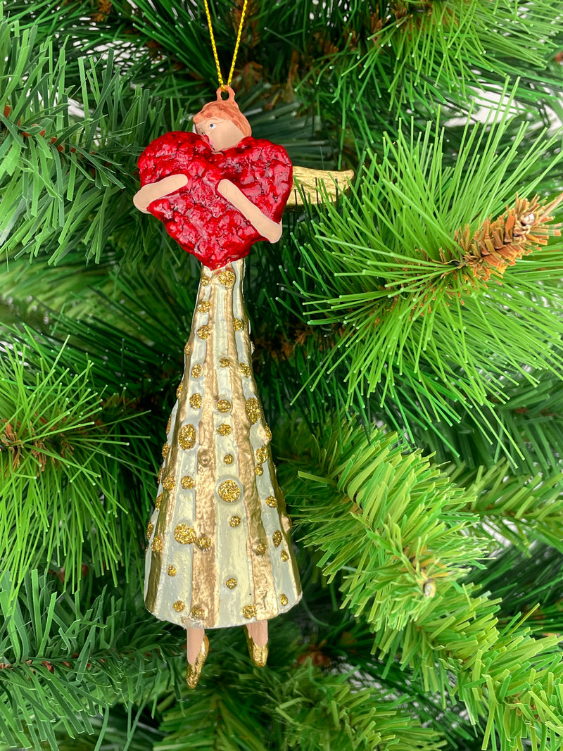 Christbaumschmuck Engel mit rotem Herz in einem creme-goldenen Kleid Baumschmuck 14cm