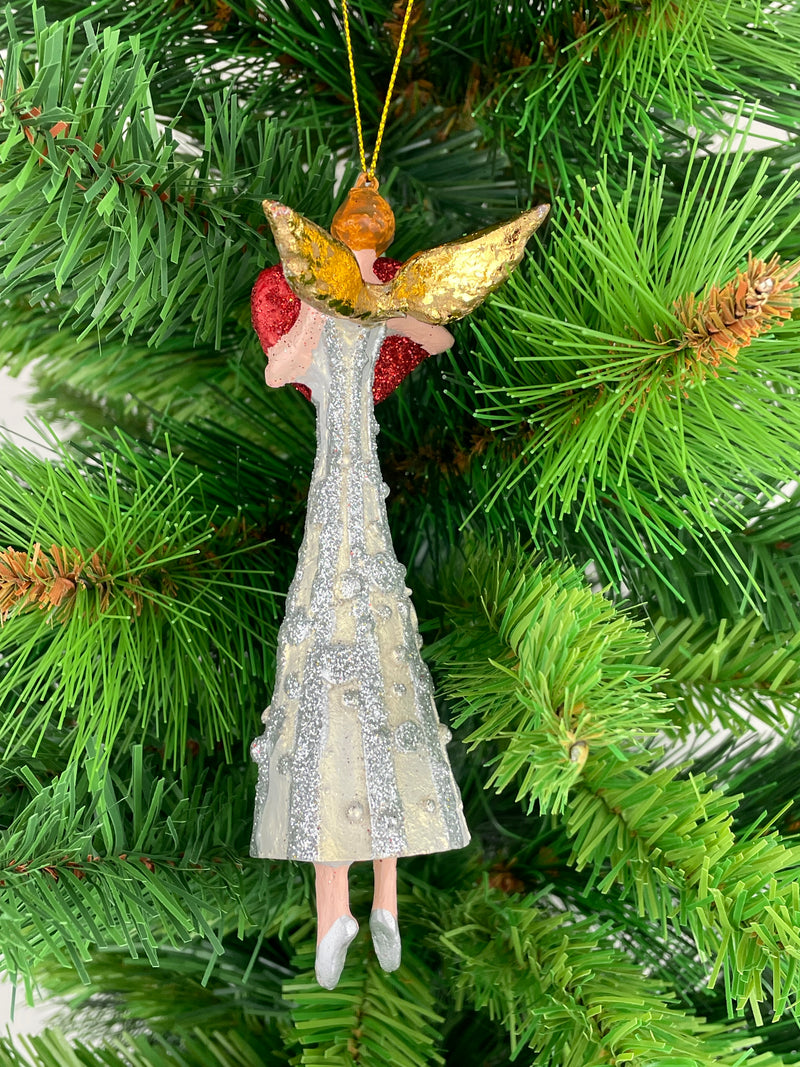 Christbaumschmuck Figur Engel mit rotem Herz in silber-cremefarbenem Kleid Baumschmuck 16cm