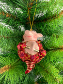 Christbaumschmuck Sportler Schwein mit Hanteln und Gewichtheberanzug in rot gold lila Fitnessstudio handbemalt Weihnachten Baumschmuck 12,5cm hoch