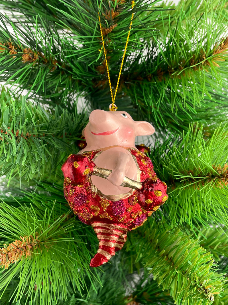 Christbaumschmuck Sportler Schwein mit Hanteln und Gewichtheberanzug in rot gold lila Fitnessstudio handbemalt Weihnachten Baumschmuck 12,5cm hoch