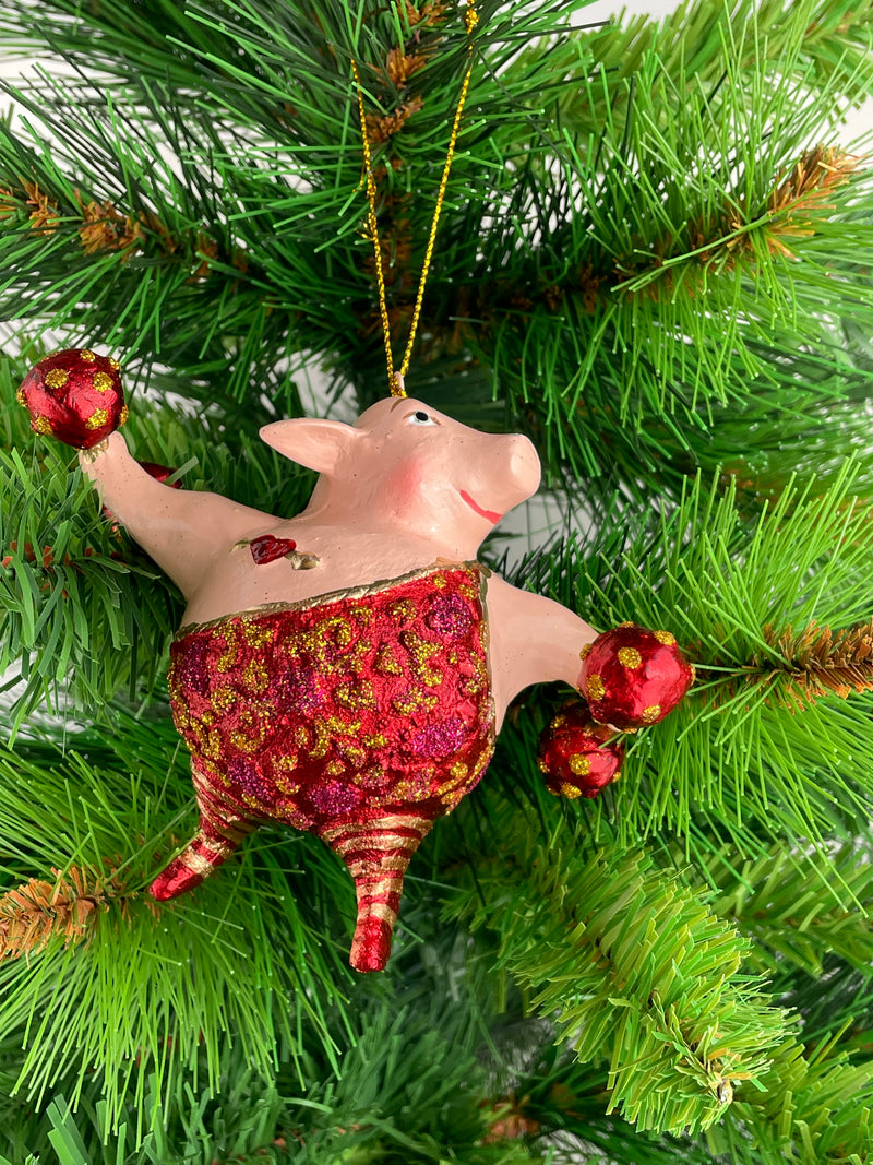 Christbaumschmuck Sportler Schwein mit Hanteln und Gewichtheberanzug in rot gold lila Fitnessstudio handbemalt Weihnachten Baumschmuck 12,5cm hoch