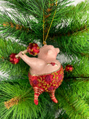 Christbaumschmuck Sportler Schwein mit Hanteln und Gewichtheberanzug in rot gold lila Fitnessstudio handbemalt Weihnachten Baumschmuck 12,5cm hoch