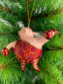 Christbaumschmuck Sportler Schwein mit Hanteln und Gewichtheberanzug in rot gold lila Fitnessstudio handbemalt Weihnachten Baumschmuck 12,5cm hoch