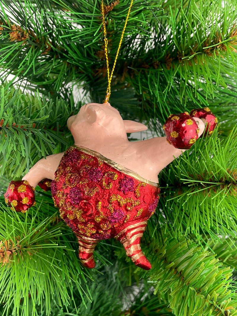 Christbaumschmuck Sportler Schwein mit Hanteln und Gewichtheberanzug in rot gold lila Fitnessstudio handbemalt Weihnachten Baumschmuck 12,5cm hoch