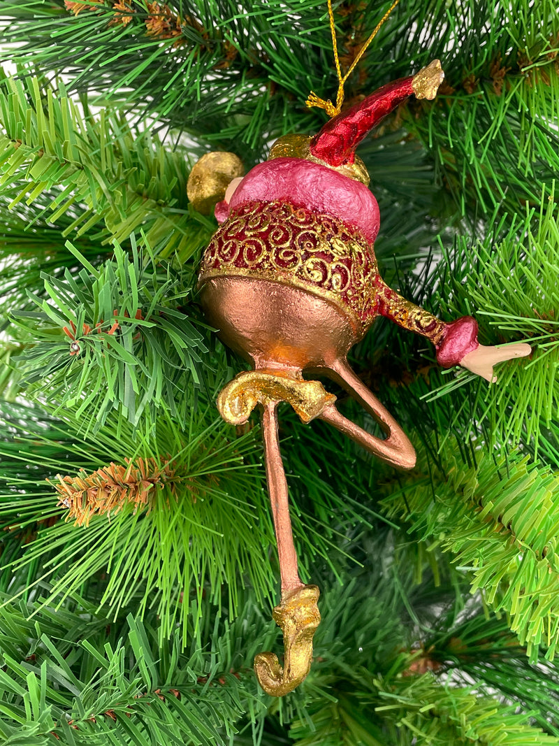 Christbaumschmuck Weihnachtsmann mit langen Beinen und Trompete in rot-gold-kupfer Anhänger Ornament Baumschmuck 15,5 cm