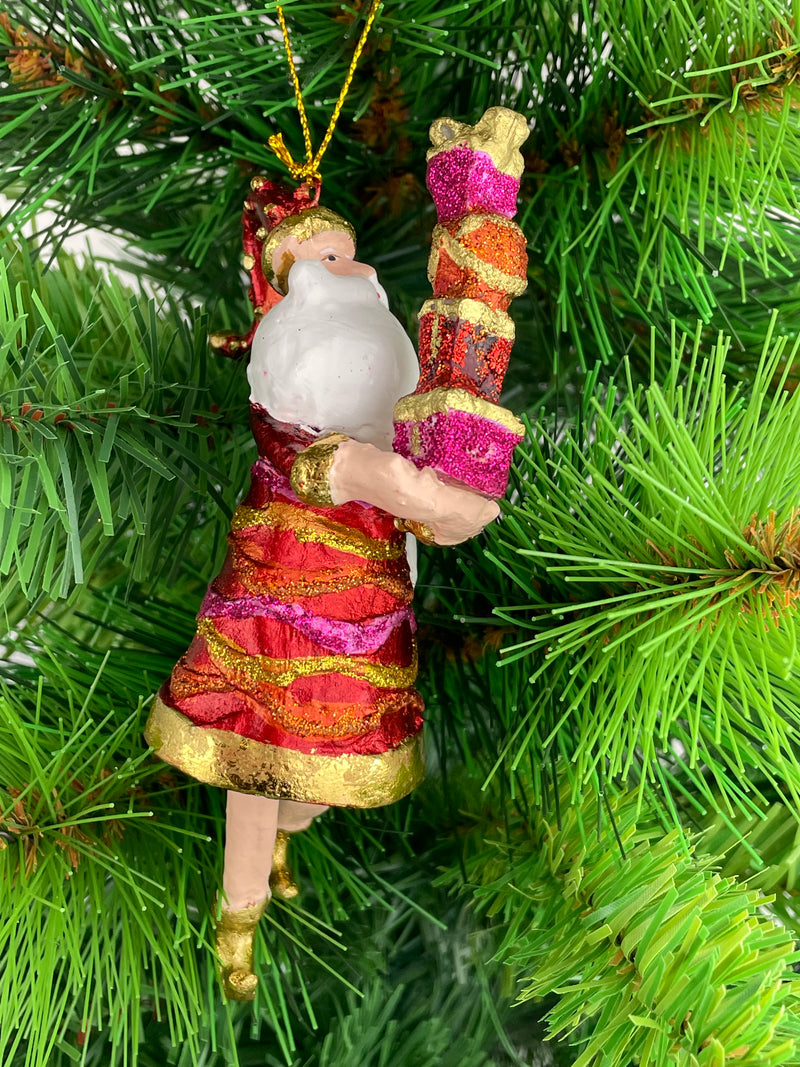 Baumschmuck Weihnachtsmann in einem roten Mantel und Geschenken 15 cm rot-gold Ornament Christbaumschmuck