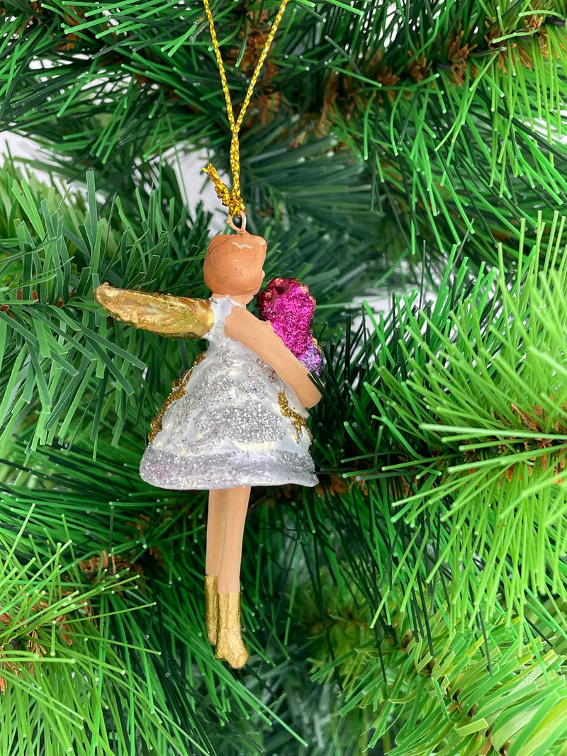 Kleiner Engel mit Geschenken mini Weihnachten Deko Hänger Christbaumschmuck 8 cm weiß silber
