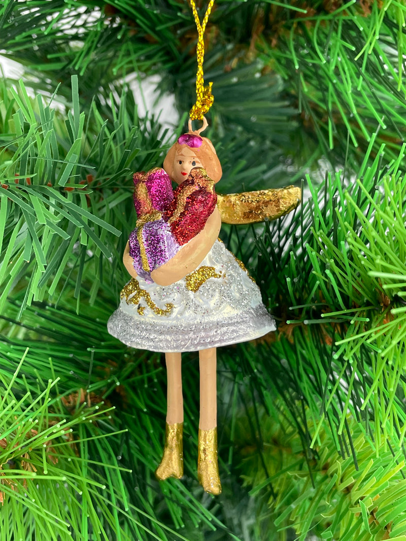 Kleiner Engel mit Geschenken mini Weihnachten Deko Hänger Christbaumschmuck 8 cm weiß silber