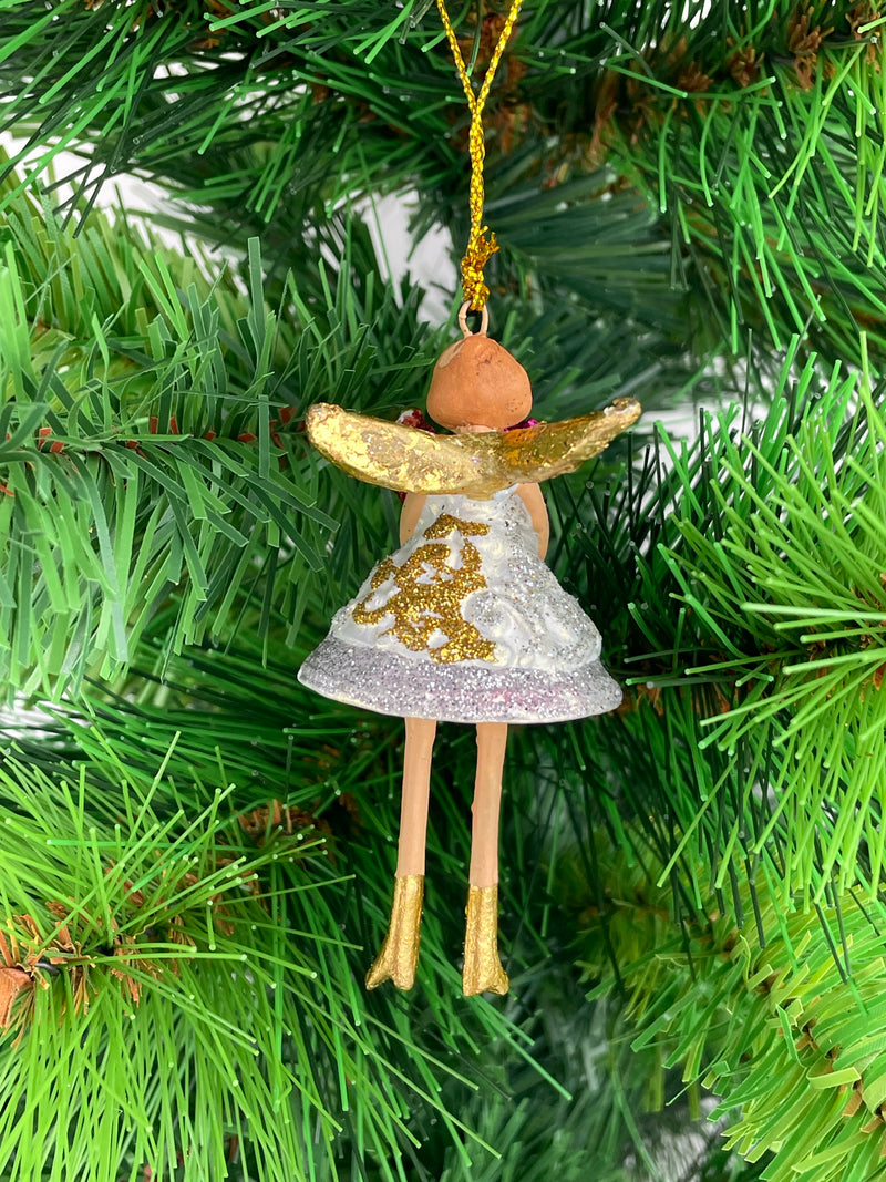 Kleiner Engel mit Geschenken mini Weihnachten Deko Hänger Christbaumschmuck 8 cm weiß silber