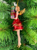 Christbaumschmuck Figur Engel rot-gold mit Geschenken und kurzem Kleid Ornament Weihnachten Baumschmuck 14cm