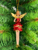 Christbaumschmuck Figur Engel rot-gold mit Geschenken und kurzem Kleid Ornament Weihnachten Baumschmuck 14cm
