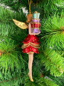 Christbaumschmuck Figur Engel rot-gold mit Geschenken und kurzem Kleid Ornament Weihnachten Baumschmuck 14cm