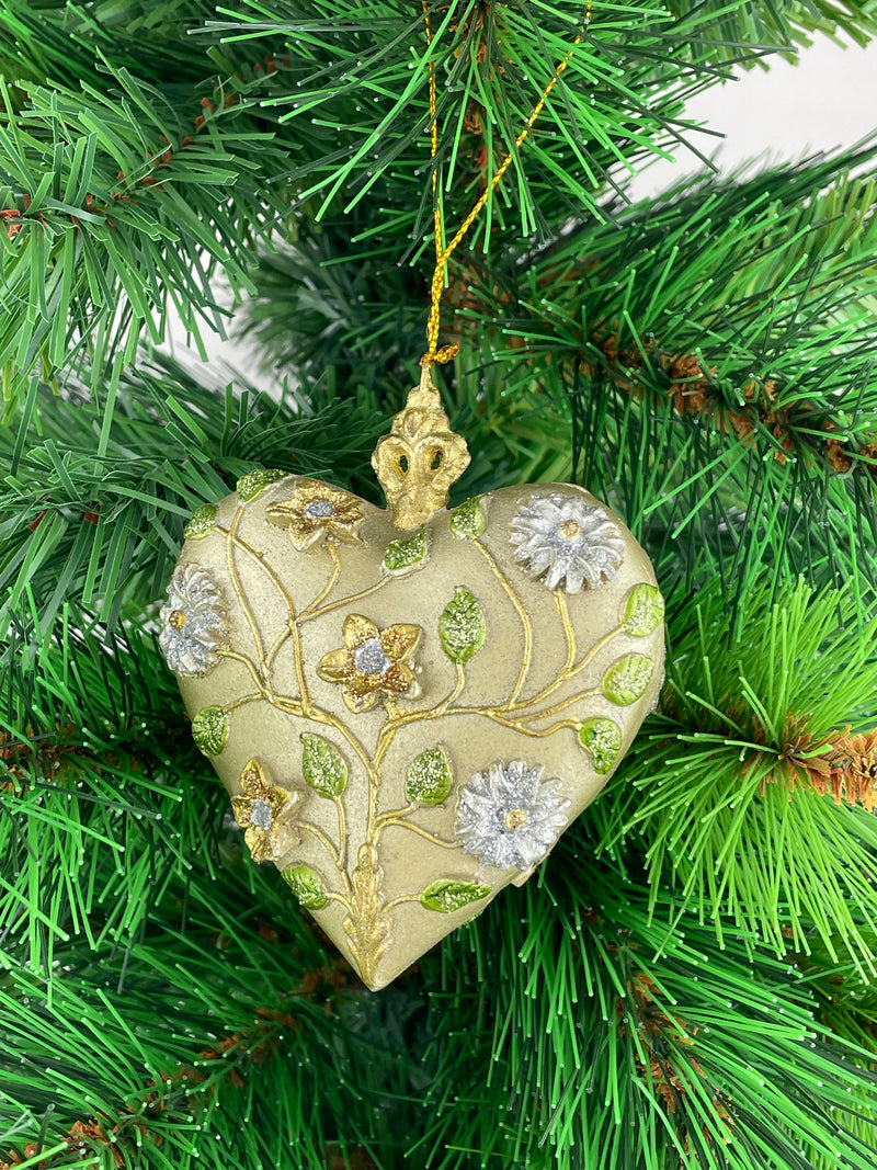 Hänger Christbaumschmuck Deko Herz breit silber-gold-blumig Weihnachten Handarbeit 10,5cm hoch