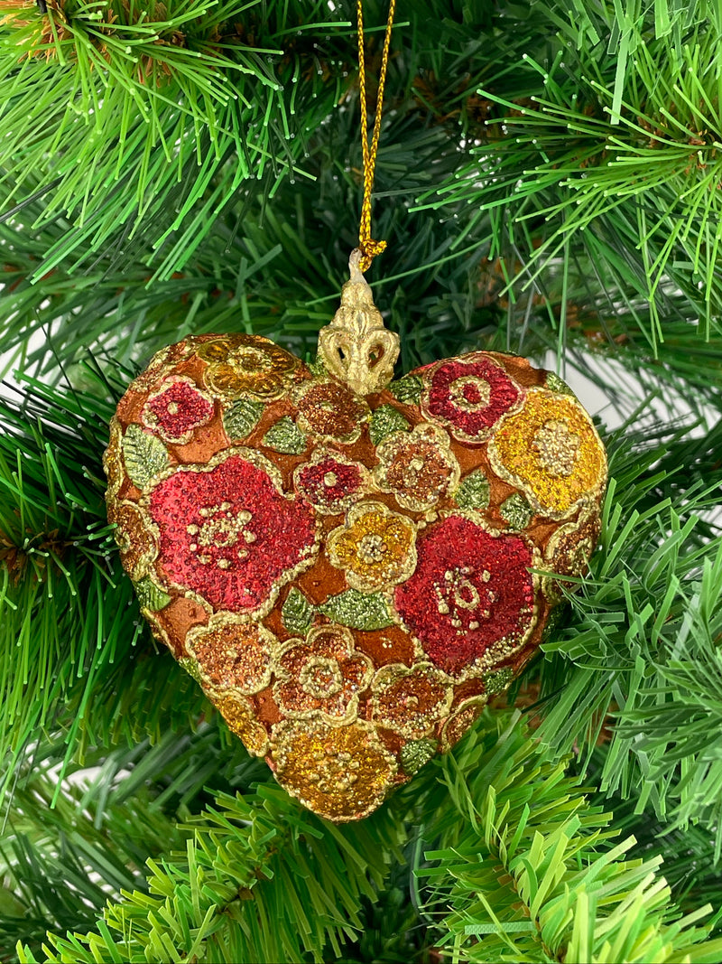 Hänger Christbaumschmuck Figur Deko Herz breit kupfer-rot-gold blumig Weihnachten Handarbeit 10,5cm hoch