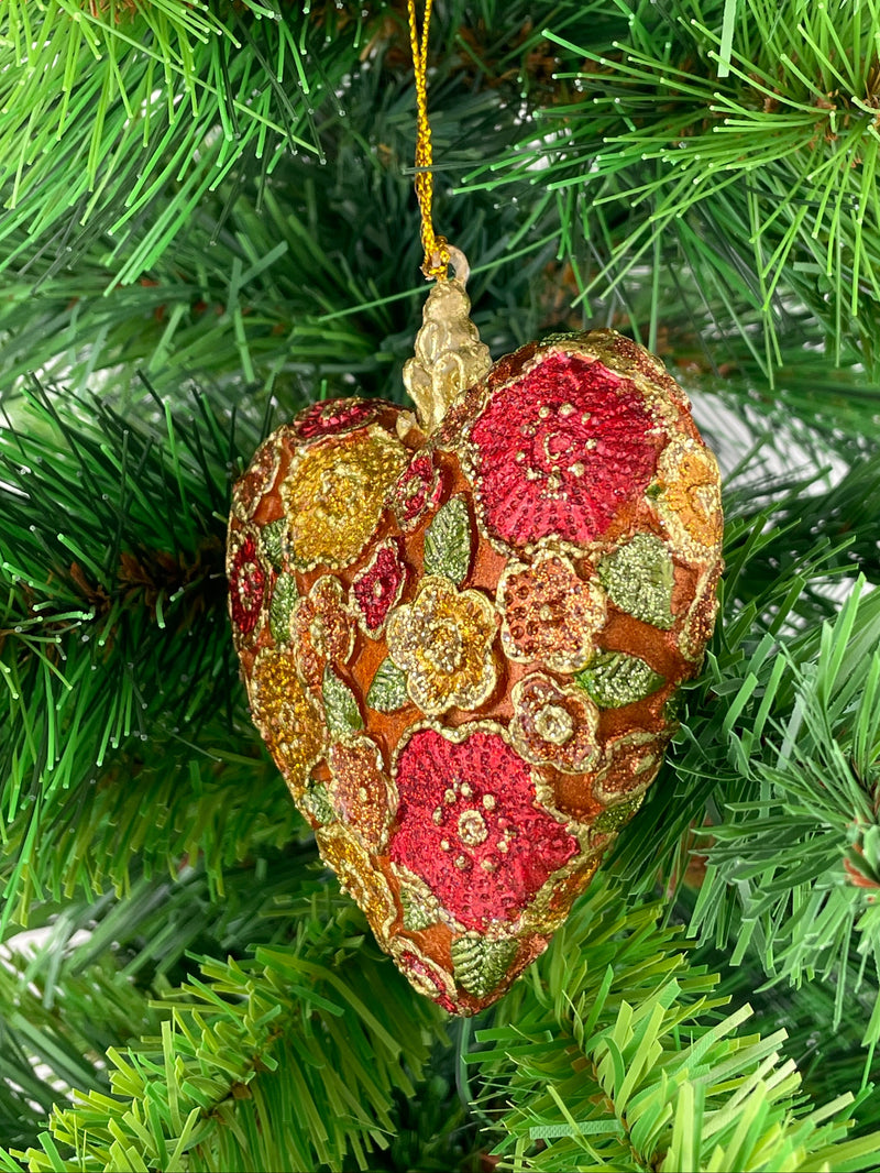 Hänger Christbaumschmuck Figur Deko Herz breit kupfer-rot-gold blumig Weihnachten Handarbeit 10,5cm hoch