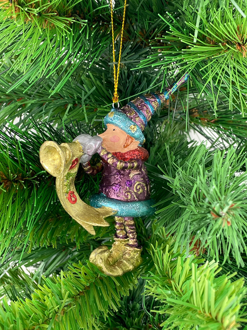 Kleiner Weihnachtsmann Elf Gabenträger Weihnachten Deko Hänger Christbaumschmuck 11,5 cm Lila-türkis-Gold mit Trompete