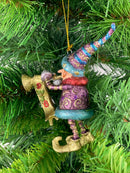 Kleiner Weihnachtsmann Elf Gabenträger Weihnachten Deko Hänger Christbaumschmuck 11,5 cm Lila-türkis-Gold mit Trompete