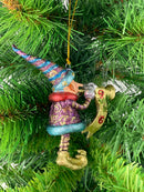 Kleiner Weihnachtsmann Elf Gabenträger Weihnachten Deko Hänger Christbaumschmuck 11,5 cm Lila-türkis-Gold mit Trompete