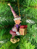 Kleiner Weihnachtsmann Elf Gabenträger Weihnachten Deko Hänger Christbaumschmuck 12 cm Lila-rot-Gold mit Geschenken