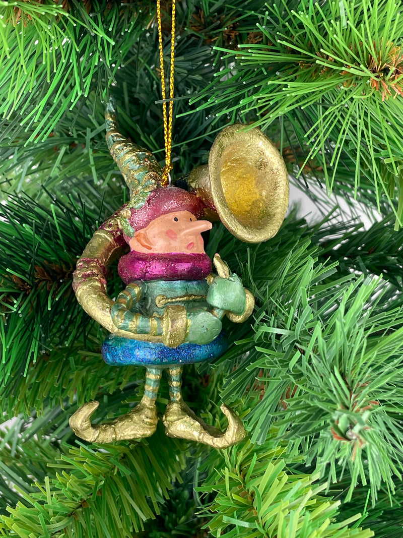 Kleiner Weihnachtsmann Elf Gabenträger Weihnachten Deko Hänger Christbaumschmuck 10,5 cm grün-Gold mit Tuba