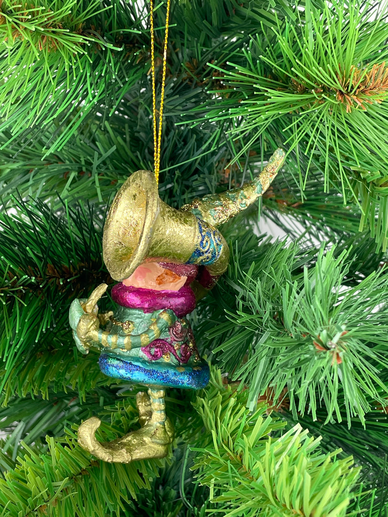 Kleiner Weihnachtsmann Elf Gabenträger Weihnachten Deko Hänger Christbaumschmuck 10,5 cm grün-Gold mit Tuba