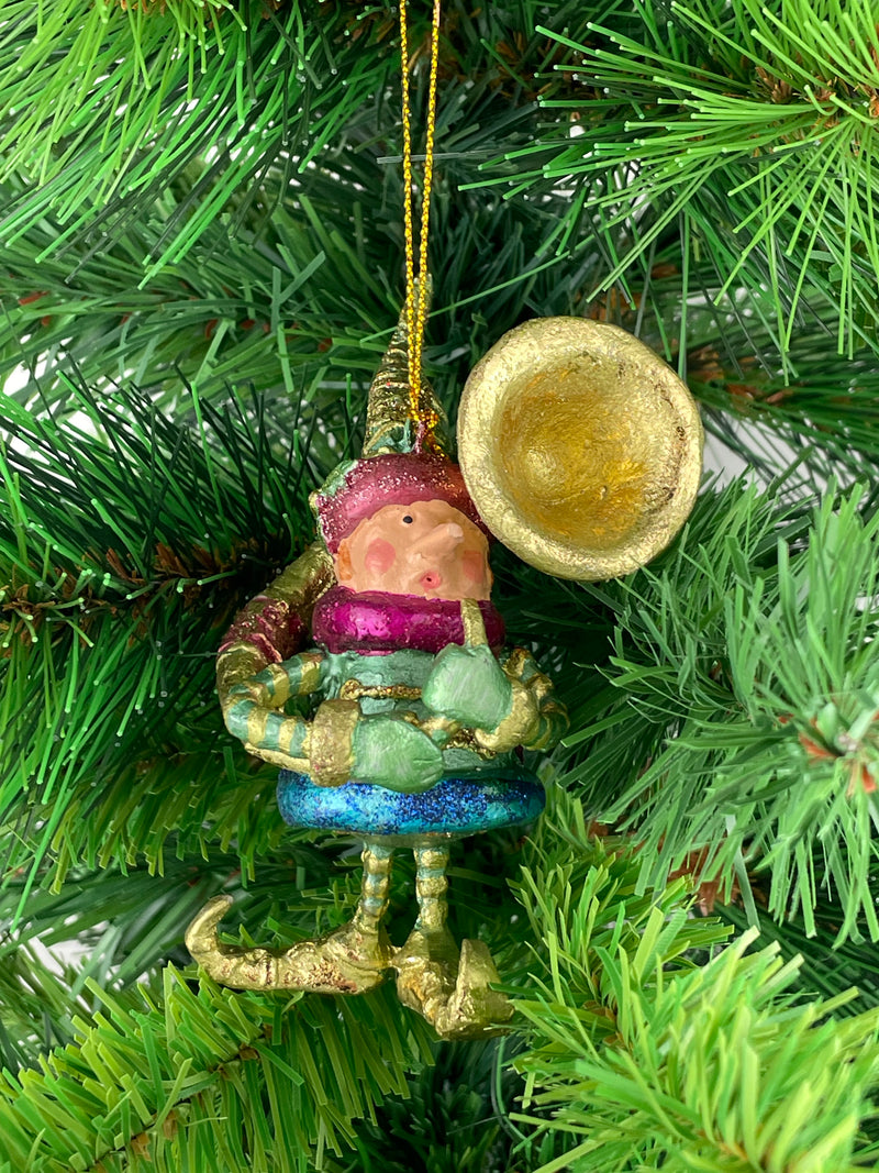 Kleiner Weihnachtsmann Elf Gabenträger Weihnachten Deko Hänger Christbaumschmuck 10,5 cm grün-Gold mit Tuba
