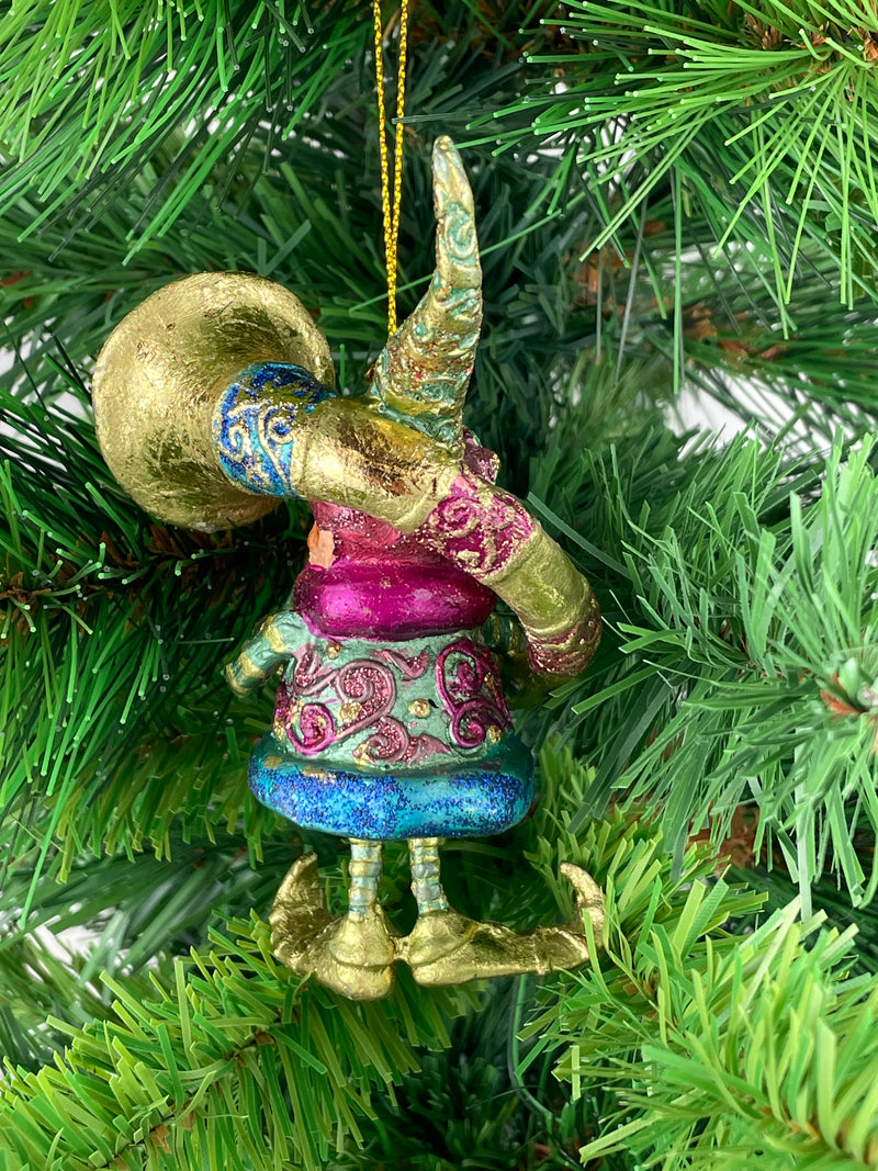 Kleiner Weihnachtsmann Elf Gabenträger Weihnachten Deko Hänger Christbaumschmuck 10,5 cm grün-Gold mit Tuba