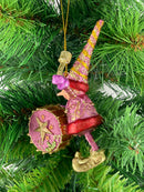 Kleiner Weihnachtsmann Elf Gabenträger Weihnachten Deko Hänger Christbaumschmuck 11 cm pink-Gold mit Pauke