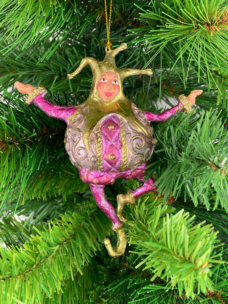 Christbaumschmuck Figur Harlekin Hofnarr Dick Deko Hänger  pink flieder gold 13cm hoch