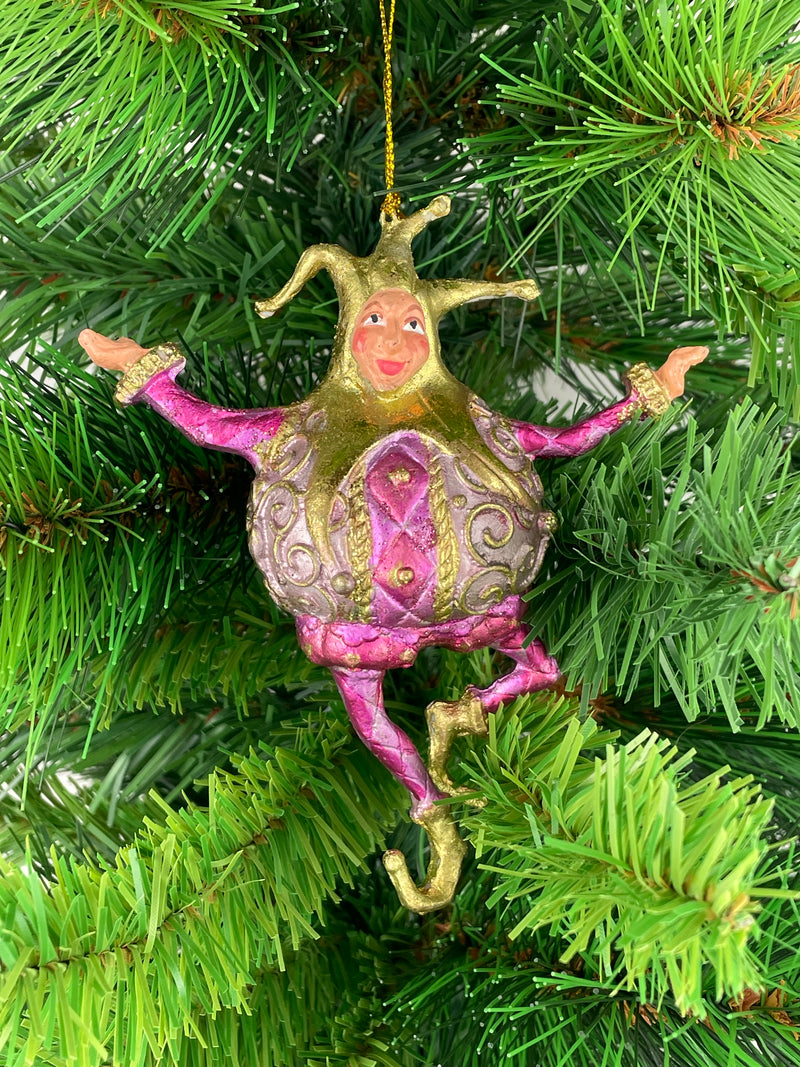 Christbaumschmuck Figur Harlekin Hofnarr Dick Deko Hänger  pink flieder gold 13cm hoch