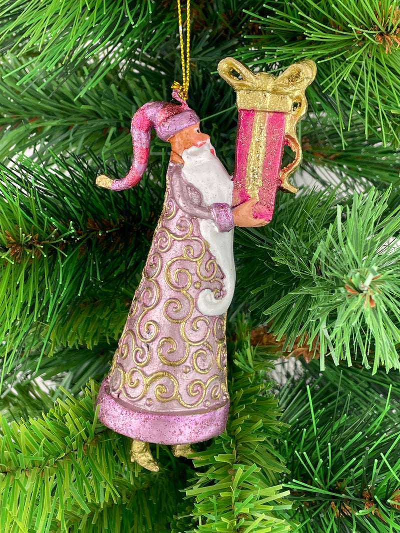 Christbaumschmuck Figur Weihnachtsmann Gabenträger rosa-gold mit Geschenk 14 cm