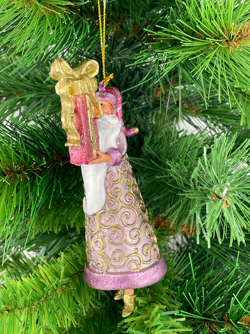 Christbaumschmuck Figur Weihnachtsmann Gabenträger rosa-gold mit Geschenk 14 cm