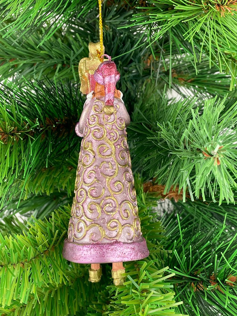 Christbaumschmuck Figur Weihnachtsmann Gabenträger rosa-gold mit Geschenk 14 cm