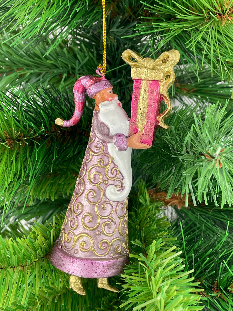 Christbaumschmuck Figur Weihnachtsmann Gabenträger rosa-gold mit Geschenk 14 cm