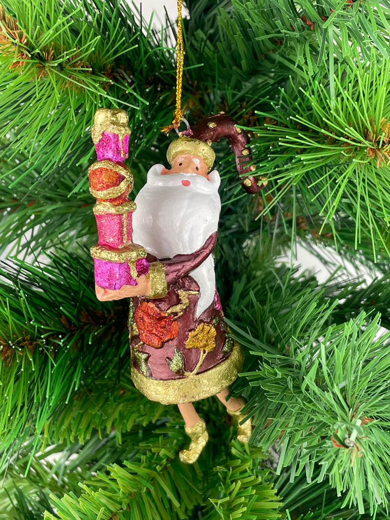 Christbaumschmuck Figur Weihnachtsmann Gabenträger Hänger weinrot-grün-gold 14 cm