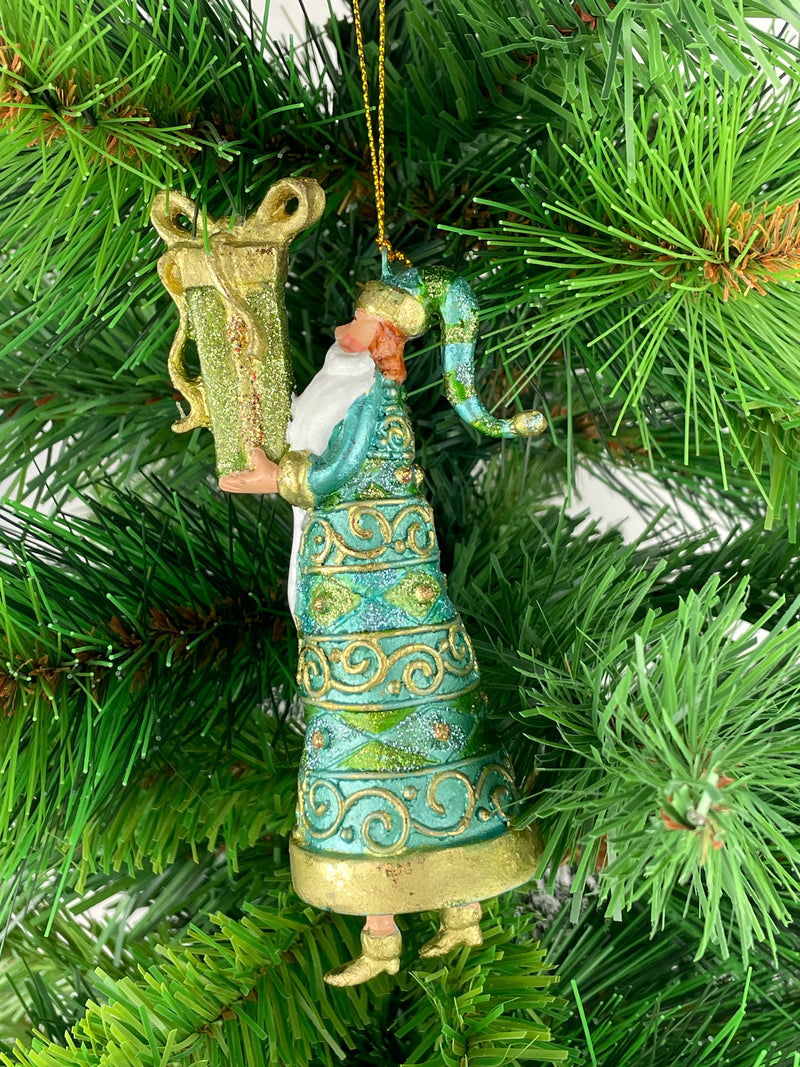 Christbaumschmuck Figur Weihnachtsmann Gabenträger Hänger grün-türkis-gold 14 cm