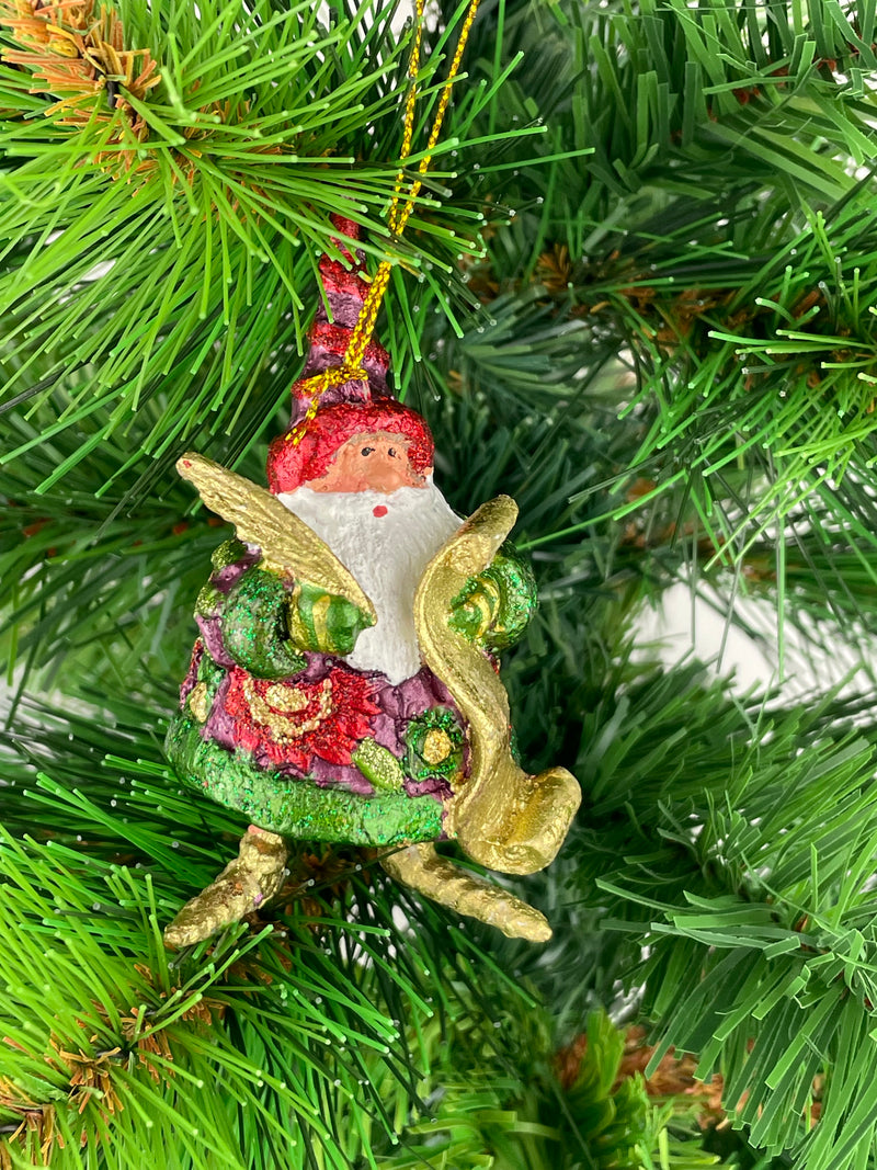 Kleiner Weihnachtsmann mit Feder und Schriftrolle grün-rot-gold Deko Hänger handbemalt Weihnachten Christbaumschmuck 8 cm