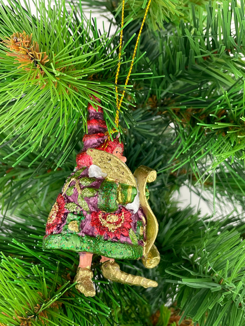 Kleiner Weihnachtsmann mit Feder und Schriftrolle grün-rot-gold Deko Hänger handbemalt Weihnachten Christbaumschmuck 8 cm