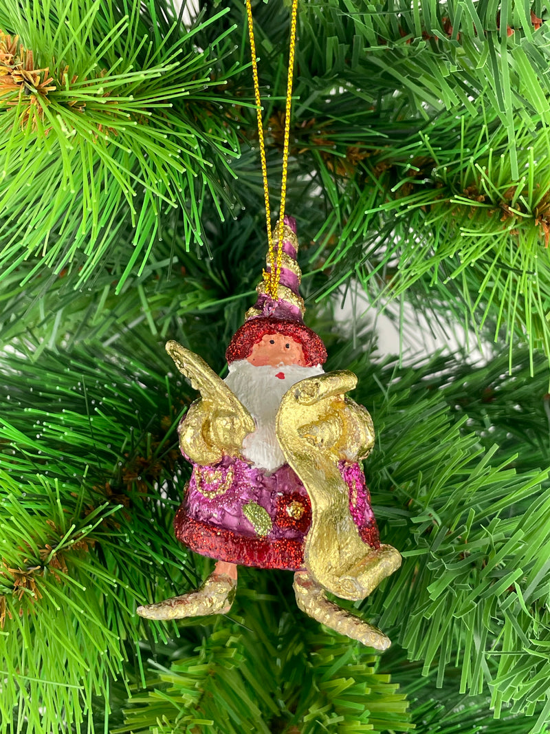 Kleiner Weihnachtsmann mit Feder und Schriftrolle lila gold Deko Hänger handbemalt Weihnachten Christbaumschmuck 8 cm