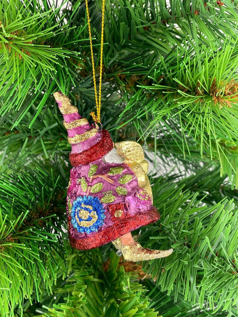 Kleiner Weihnachtsmann mit Feder und Schriftrolle lila gold Deko Hänger handbemalt Weihnachten Christbaumschmuck 8 cm