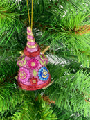 Kleiner Weihnachtsmann mit Feder und Schriftrolle lila gold Deko Hänger handbemalt Weihnachten Christbaumschmuck 8 cm