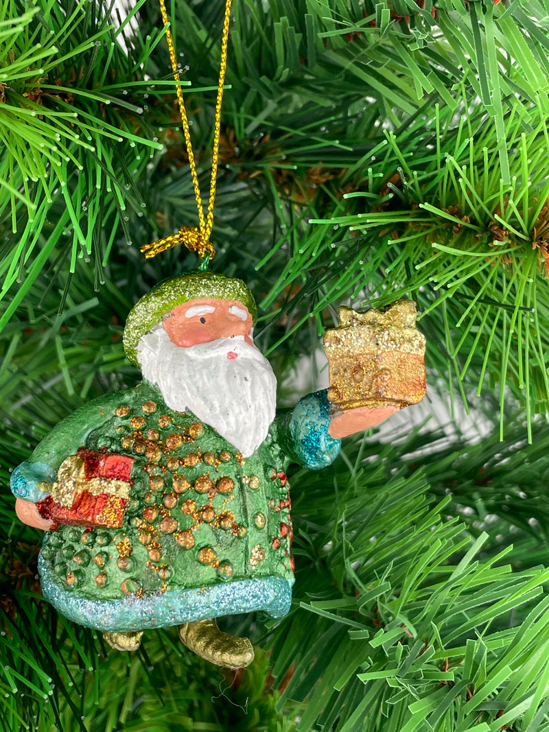 Kleiner Weihnachtsmann mit Geschenken grün-gold Deko Hänger handbemalt Weihnachten Christbaumschmuck 7 cm